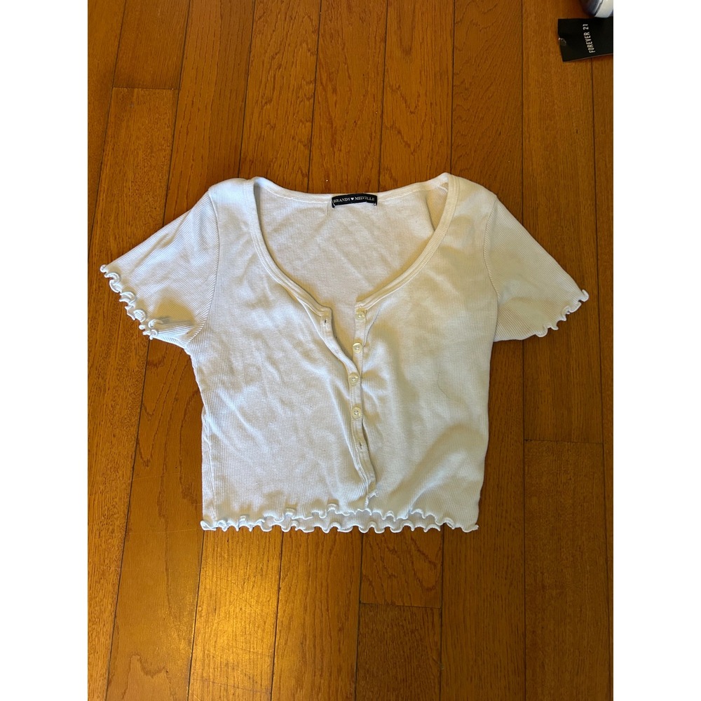 Brandy Melville White Ribbed Button Up Lettuce Edge Short Sleeve Top One Size